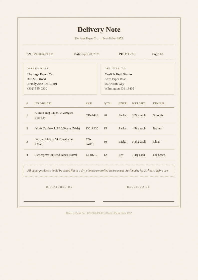 Paper textured delivery note